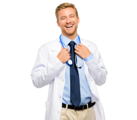 A handsome young doctor standing alone in the studio isolated on a PNG background.