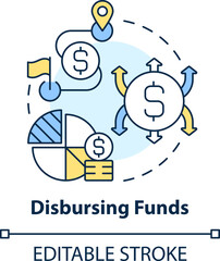 Disbursing funds concept icon. Simplify payment. Treasury management service abstract idea thin line illustration. Isolated outline drawing. Editable stroke. Arial, Myriad Pro-Bold fonts used
