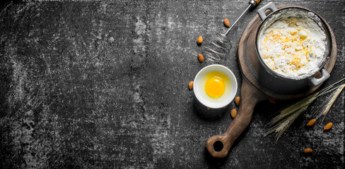 Baking background. Dough for homemade cookies in a pan.