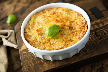Homemade potato souffle with egg yolks