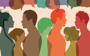 Multiethnic people in community. Multicultural population. Speech bubble.