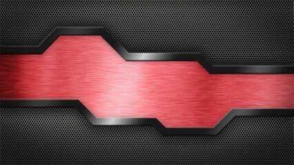 Red Metal element with black frame on futuristic polygon gray hexagon mesh - 3D Illustration