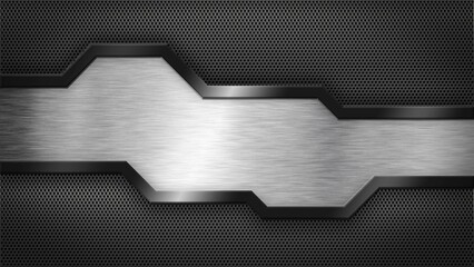 Metal element with black frame on futuristic polygon gray hexagon mesh - 3D Illustration