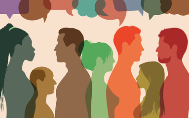 Diverse people different cultures. Communication between people. Speech bubble and Interview.