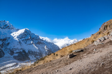 A walk along the slopes of the Caucasus Mountains on a January fine day in 2023. Kabardino-Balkarian Republic, Elbrus region