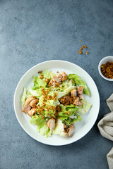 Homemade chicken salad with crunchy onion