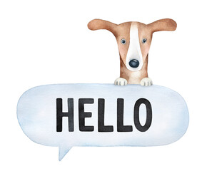Watercolour illustration of oval speech bubble with sign "Hello" and cute small dog peeking out from behind this sign. Hand painted water color graphic drawing, isolated clip art element for design.