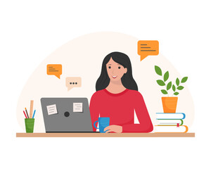 Fototapeta na wymiar Online learning. Girl with laptop watching webinar and chatting online. Online education. Flat illustration