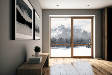Modern minimalistic comfortable interior with a winter view through large windows. Viewing the snow covered mountains outside. Generative AI