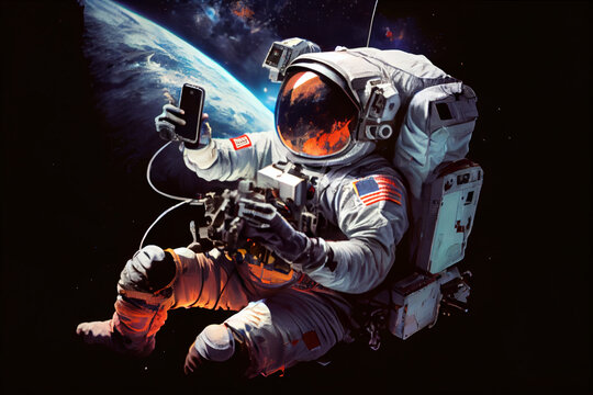 Picture of astronaut with mobile phone - man or woman in suit with helmet, copy space