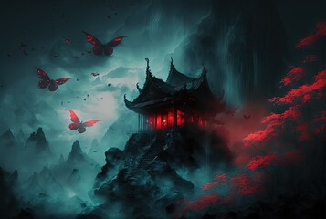 Fototapeta na wymiar ancient Chinese mythology the spirit world or to demon town with fog and red butterfly swarm 
