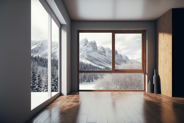 Modern minimalistic comfortable interior with a winter view through large windows. Viewing the snow covered mountains outside. Generative AI