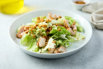 Fototapeta na wymiar Homemade chicken salad with crunchy onion