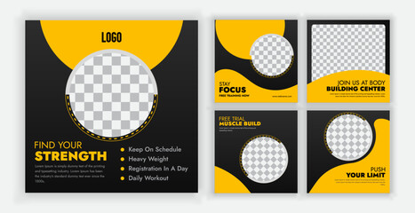 Gym-Fitness Social media post or carousel template, Set of editable social media Instagram carousel post © Hosain