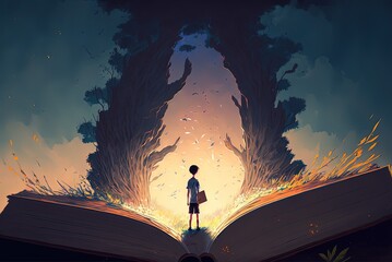 a boy stand on a giant book opened on ground with fairytale nature pop out from paper page, idea for imagination of childhood theme background wallpaper Generative Ai
