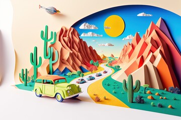 Summer vacation. road trip trendy art paper collage design. Generative AI