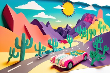 Summer vacation. road trip trendy art paper collage design. Generative AI