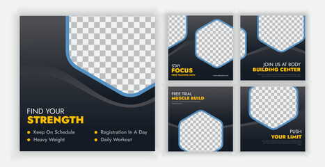 Gym-Fitness Social media post or carousel template, Set of editable social media Instagram carousel post © Hosain