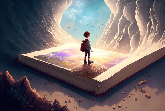 a boy stand on a giant book opened on ground with fairytale nature pop out from paper page, idea for imagination of childhood theme background wallpaper Generative Ai