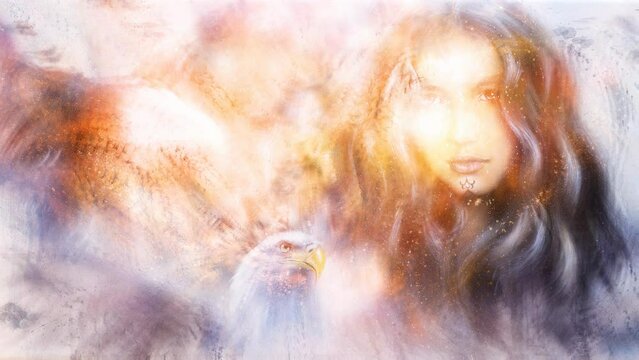 Goddess Woman and eagles in Cosmic space. Fire effect.
