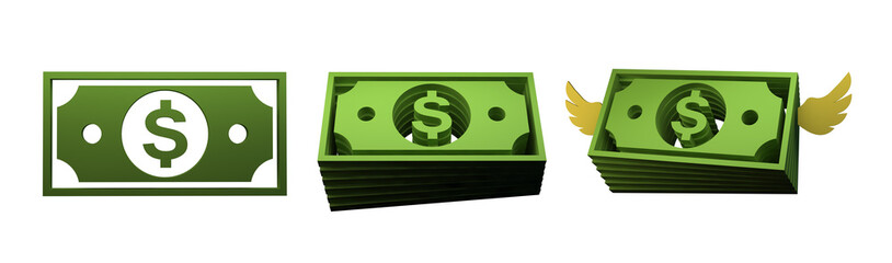 School and education icons 3d render illustration set.  dollar wing fly. 