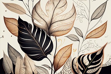 illustration of beautiful line art of tropical leaves pattern idea for floral background, generative Ai	
