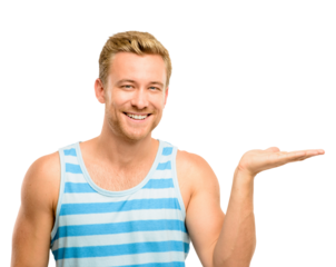 A handsome young man standing alone in the studio and showing a promotion isolated on a PNG background.