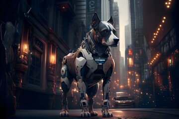 Dog robot police officer futuristic in city ​​center.generative Ai