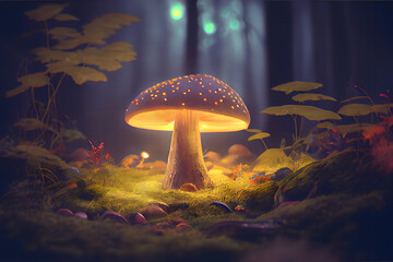 Fototapeta premium Fantasy Mushroom Light Wallpaper in the Jungle Background