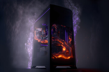 Upgrade, repair of desktop computers concept. Gaming computer glow in the violet dark with fire and smoke. Computer case of system box with burning computers parts inside.