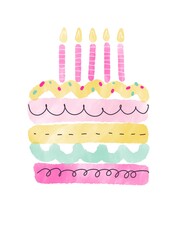 Happy birthday cake painted in watercolor isolated on white background