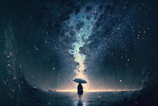 one person walking on beach under starry sky , idea of some time in your life journey it's wet cold and  dark but some flicker light of happiness will guide you on the way, Generative Ai