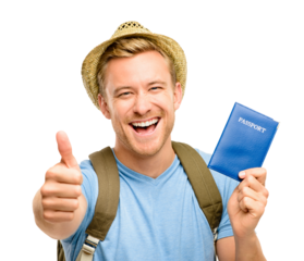 A young tourist standing in the studio and showing a thumbs up while holding his passport isolated on a PNG background.