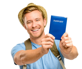 A handsome young tourist standing alone in the studio and holding his passport isolated on a PNG background.
