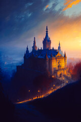 Fototapeta na wymiar An oil on canvas painting of the Lviv High Castle, showcasing the city's rich history and stunning views from atop the hill.