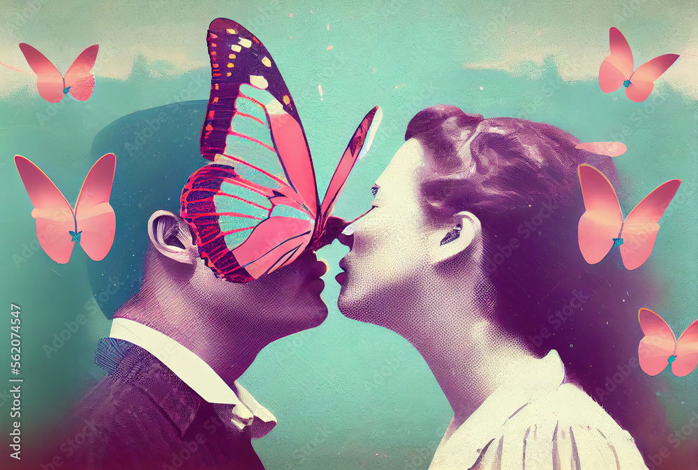 Wall mural Valentines Day concept with young couple of man and woman celebrating, butterflies around, illustration