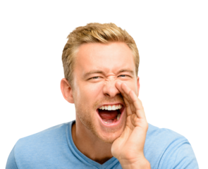 A handsome young man standing alone in the studio and shouting isolated on a PNG background.