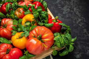 harvest of fresh vegetables on the table, pepper, tomato, basil, dark background. Flat lay. Top view