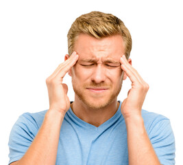 A handsome young man standing alone in the studio and suffering from a headache isolated on a PNG background.