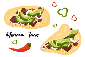 .Mexican Tacos. Delicious Mexico. Wrapped traditional flour tortillas stuffed with meat and vegetables. Isolated vector illustrations of Latin American national dish for food menu design.