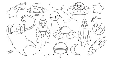 Childrens space set. Space elements collection, moon, astronaut, stars, rocket. Vector illustration in doodle style.Line style.