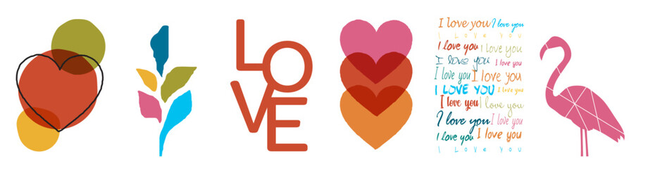 Collection of artistic abstractions on the theme of Valentine's Day: text I love you and love, flamingos, colored geometric shapes and hearts on a white background