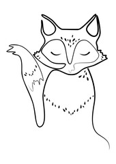 Black line art drawing of cute fox