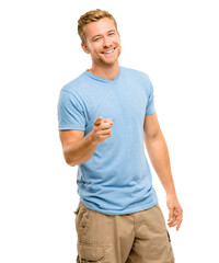 Fototapeta premium A handsome young man standing alone in the studio and pointing isolated on a PNG background.