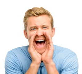 A handsome young man standing alone in the studio and shouting isolated on a PNG background.