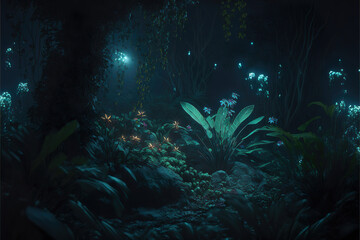 Fototapeta na wymiar fantasy lush forest jungle night background with magical lights and foliage, generative ai 