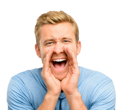 A handsome young man standing alone in the studio and shouting isolated on a PNG background.