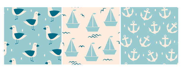 Cute lovely pastel blue and beige hand drawn set of seamless vector pattern background illustration with seagulls, boats and anchor for kids, baby shower and nursery