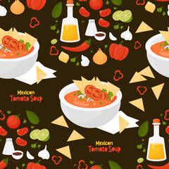 Seamless pattern with Mexican Tomato Soup on black background with products and vegetables. Vector illustration. Endless background with latin american food.