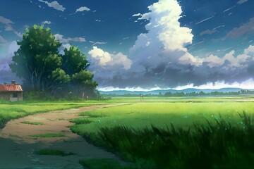 Fototapeta na wymiar Landscape with green grass field and blue sky